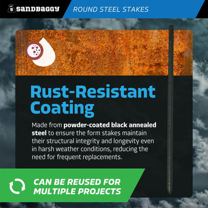 Sandbaggy Round Steel Concrete Form Stakes with Nail Holes - Rust Resistant Coating - Removable, Reusable (200, 3/4 in X 24 in)