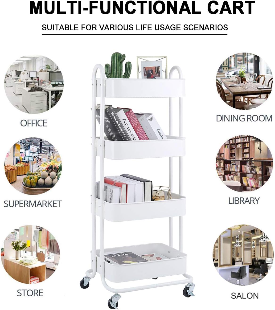 Melody House 4-Tier Metal Mesh Utility Rolling Cart Storage Organizer Shelf Rack with Lockable Wheels for Living Room Kitchen Office, White