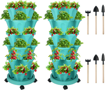Vertical Planter 6 Tier Stackable Planters Garden Planters Strawberry Herb Flower and Vegetable Planter Indoor Outdoor Gardening Pots with Removable Wheels and Tools