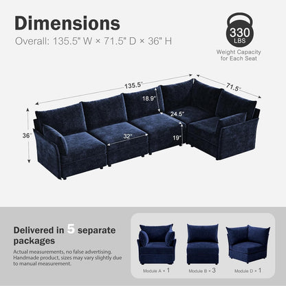 135.5" Oversized Modular Sectional Sofa, L Shaped Convertible Couch with Movable Ottoman, 5 Seat Corner Couches for Living Room Deep Seat Blue Chenille