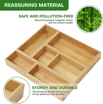 Bamboo Drawer Organizer Set, 5 PCS Multi-Use Individual Wood Storage Organizers, Junk Drawer Divider and Storage Trays Containers for Kitchen, Bathroom, Office Desk, Makeup, Jewelry, Utensils