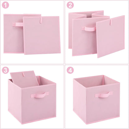 Stero Fabric Storage Bins 6 Pack Fun Colored Durable Storage Cubes with Handles Foldable Cube Baskets for Home, Kids Room, Closet and Toys Organization Pink
