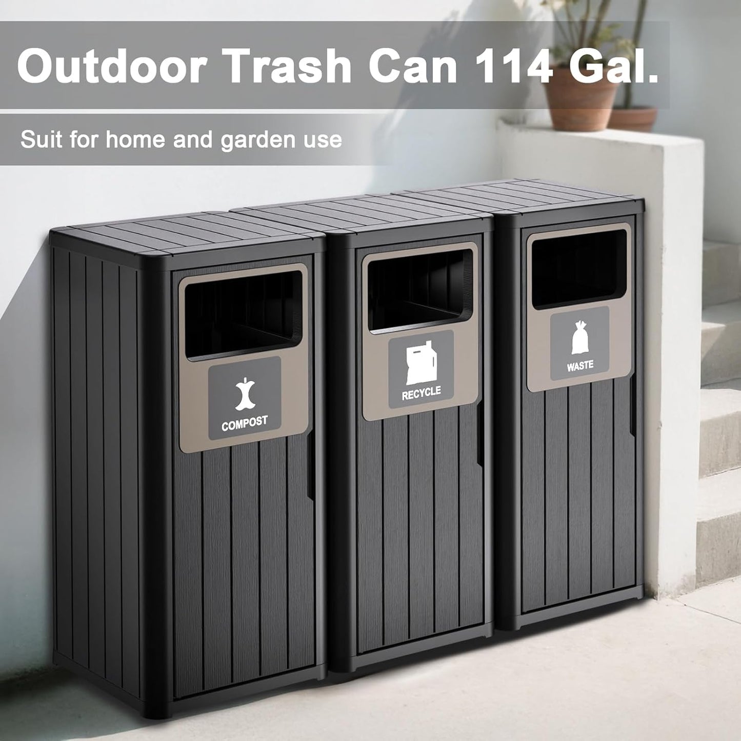 ROJIK 35" Tall Outdoor Trash Can,Weatherproof Resin Garbage Indoor Durable Lightweight,Suitable for Patio Office Kitchen,Easy to Clean,Assemble(Waste&Recycle&Composter, Black)
