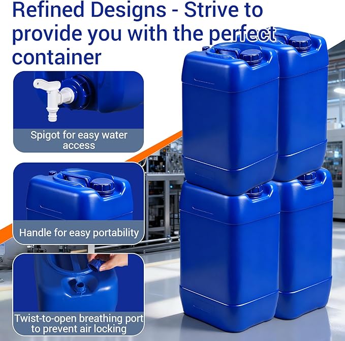 6.6 Gallon Emergency Water Storage Container with Spigot, BPA-Free Water Tank with Lid, Stackable Survival Storage for Disaster & Camping (1 Pack) (4 Pack Blue, 6.6 gal)