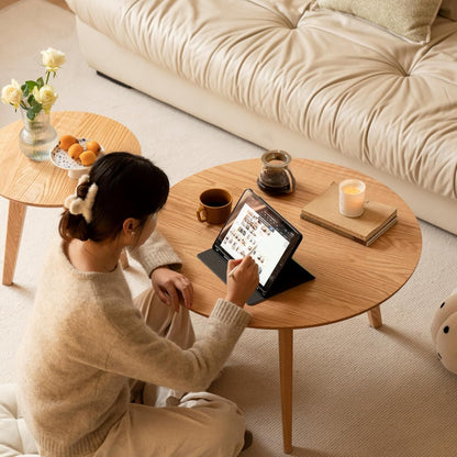 100% Solid Oak Wood Coffee Table Set, Round Coffee Table Combo Side Table w/Solid Wood Legs, Mid Century Table Sturdy Tables for Bedroom Balcony Living Room (Natural, Big-Medium Combo)