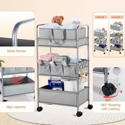 Honeydak 2in1 Baby Diaper Caddy Organizer Cart 3 Tier Large Capacity Metal Utility Bedside Rolling Cart with Divider for Newborn Nursery Essential Must Have for Crib Bedroom Baby Shower(Gray)