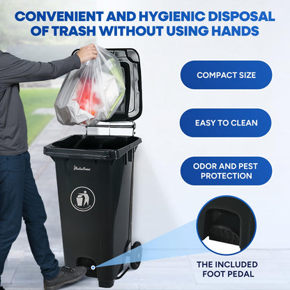 32 Gallon Step-On Large Outdoor Trash Can with Lid and Wheels - Outside Plastic Rolling Garbage Can - Rollout Commercial Heavy-Duty Container Barrel, Gray