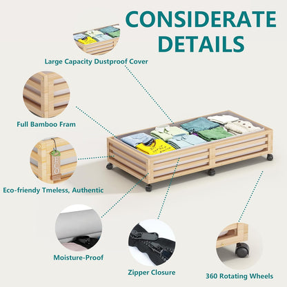 Bamboo Under Bed Storage Containers- Underbed Organizer with Wheels with Large Dust Bag,Sturdy Wood Rolling Under the Bed Shoe Storage Organizer Drawer 2 Packs (Nature, Long)