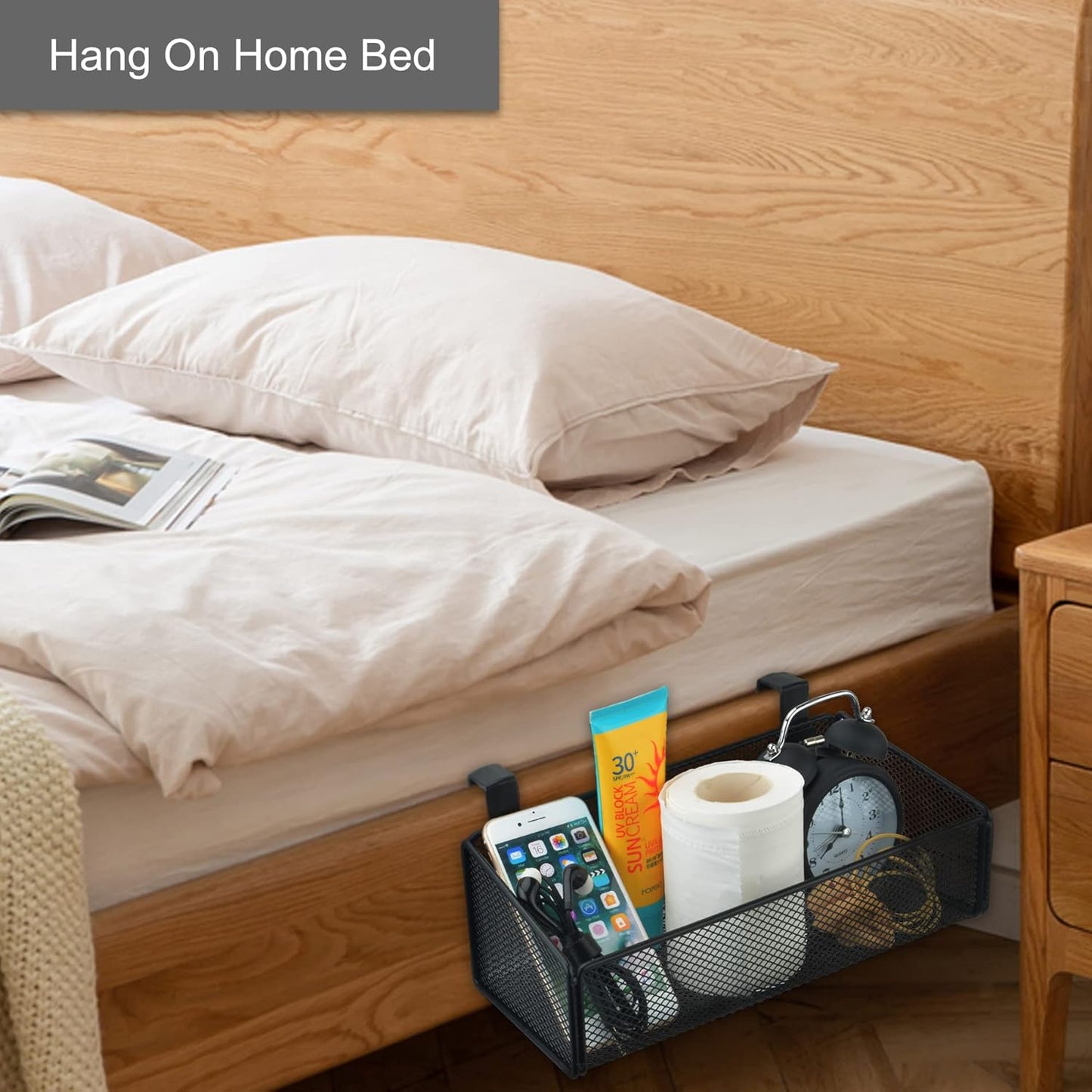 Bedside Caddy Hanging Storage Basket Beside Shelf Metal Organizer for Collage Dorm Bunk Bed,Hospital Bed,Baby Bed - Bedroom Essentials for Magazine,Remote Control,Phone,Drinks (Black)