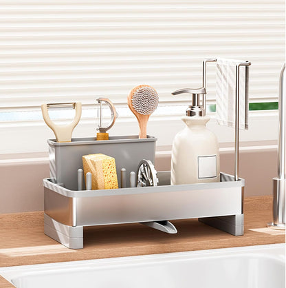 Sponge Holder for Kitchen Sink,Sink Caddy Organizer with Removable Brush Holder,Kitchen Countertop Soap Dispenser Storage with Detachable Towel Rack, Grey
