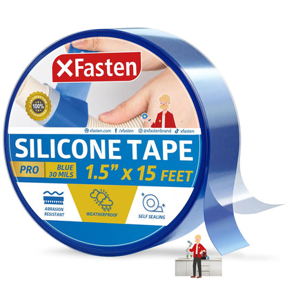 XFasten Self-fusing Silicone Tape Pro, Blue, 1.5-Inch x 15-Feet, 30 mils Extreme Silicone Pipe Fix Tape for Leak Drain Pipes, Tool Grip, Electrical Tape for High Heat Radiator Hose and Plumbing