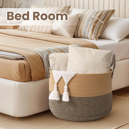 Woven Blanket Basket,65L Large Rope Storage Bin with Handles, Organizer for Blankets Toys Book and Clothes, Laundry Basket for Living Room Bedroom Nursery,Jute&Black