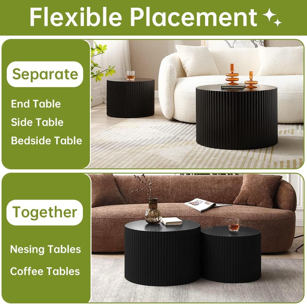 Round Nesting Coffee Table Set of 2 Small Round Coffee Tables for Living Room Modern Fluted Coffee Table Circular End Table Side Table for Small Spaces No Assembly (Black A, 18 in)