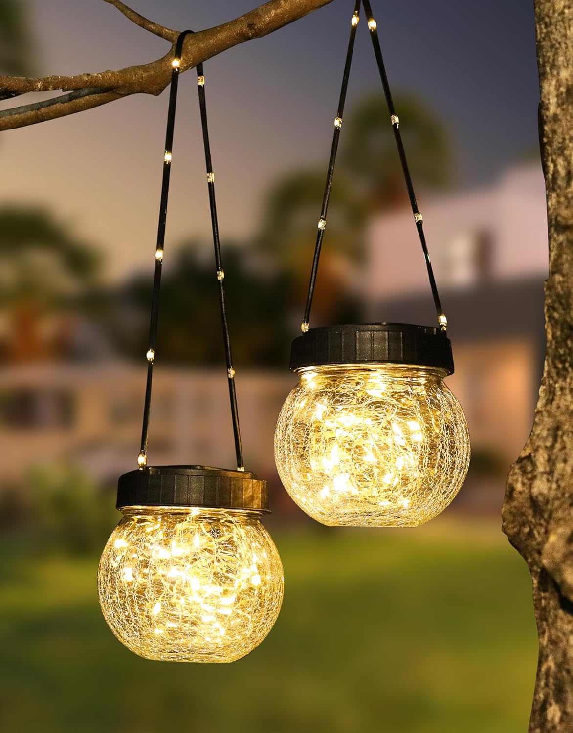 PARTPHONER Solar Lantern Solar Lights Outdoor Waterproof 2-Pack, Solar Powered Hanging Lights Cracked Glass Hanging Globes for Christmas Decoration, Shepherd Hook, Garden Tree Ornaments
