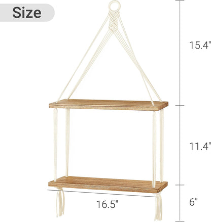 Mkono Macrame Hanging Shelf Boho Wall Decor 2 Tier Handmade Cotton Rope Rustic Wood Floating Shelves Display Photos Plants Hanging Storage Shelving for Living Room Nursery Bathroom Bedroom