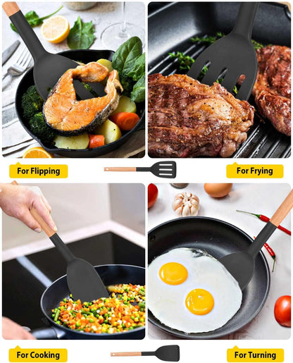 Pack of 2 Silicone Cooking Spatula, Heat Resistant Solid Turner, Non Stick Slotted Spatulas with Wooden Short Handle,Ideal Wood Kitchen Utensils Set for Frying, Baking, Flipping, Turning