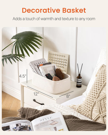 Small Woven Basket, 12 x 8 x 4.5 Inches, Storage Basket for Organizing, Cute Small Rope Shelf Closet Cube Storage Bins Baskets for Shelves, Dog Toy Gift Baskets Empty, 3 Packs, Off White