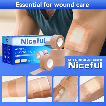 4 Rolls Medical Tape 1" x 4 Yard - Silicone Tape for Wound Care, Secures Dressings and Gauze, Easy to Remove, Waterproof Surgical Tape for Skin