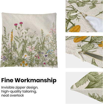 Spring Floral Pillow Covers 18 x 18 Inch Set of 2 Vintage Sage Green Wild Flowers Decor Throw Pillows Wildflower Plant Outdoor Farmhouse Decorative Cushion Cases for Couch Bed Sofa Decoration