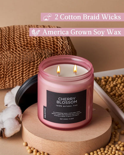 M&SENSE Cherry Blossom Scented Spring Candle, 70 Hours Long Lasting Soy Wax 11.6oz Stress Relief Aromatherapy Candles, Romantic Gifts for Women, Glass Jar for Bedroom Decor