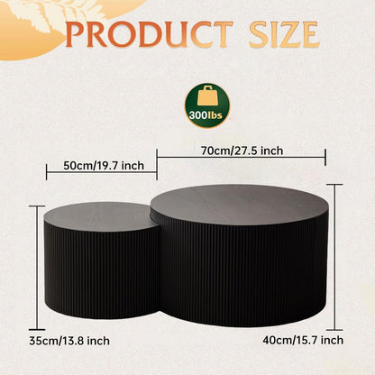 Round Nesting Coffee Table Modern Fluted Coffee Table Set of 2 Circle Drum Coffee Tables Small Round Accent Side End Table for Living Room No Assembly (Black B 27in)