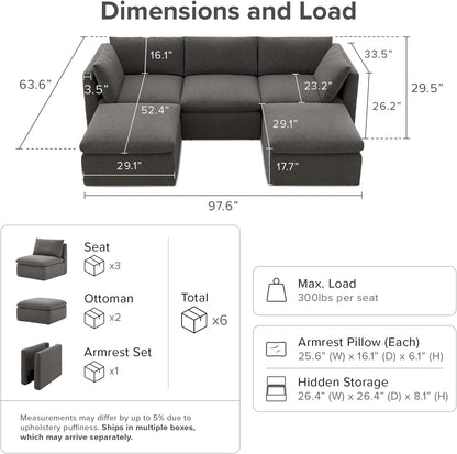 mopio Oversized Modular Sectional Sofa with Fully Removable Covers and Storage, Convertible U, L-Shaped and Sleeper Sectional, Modern Couches with Ottoman Chaise (Stone Gray Fabric, 5 Seats, U)