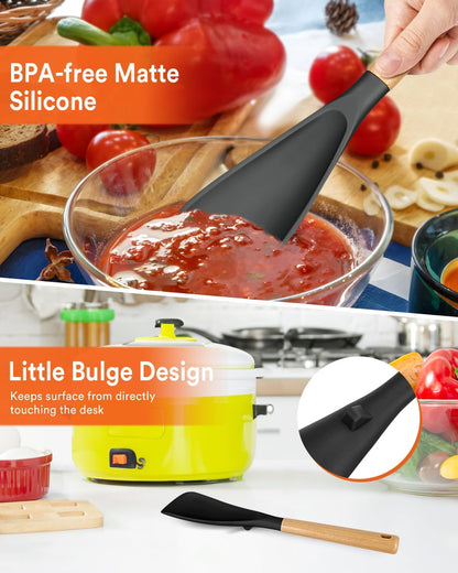 Cooking Spoon for Nonstick Cookwares, Great for Cooking and Serving Sturdy BPA-Free Matte Silicone, Wood Handle Spoon for Mixing, Scoop, and Scrape (Black & Grey, 13.4 inch)
