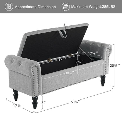 Furniliving 51” Bedroom Bench, End of Bed Bench with Button-Tufted Large Upholstered Storage Bench Ottoman Linen Window Benches with Storage Shoe Cabinet, for Bedroom, Entryway, Closet, Grey