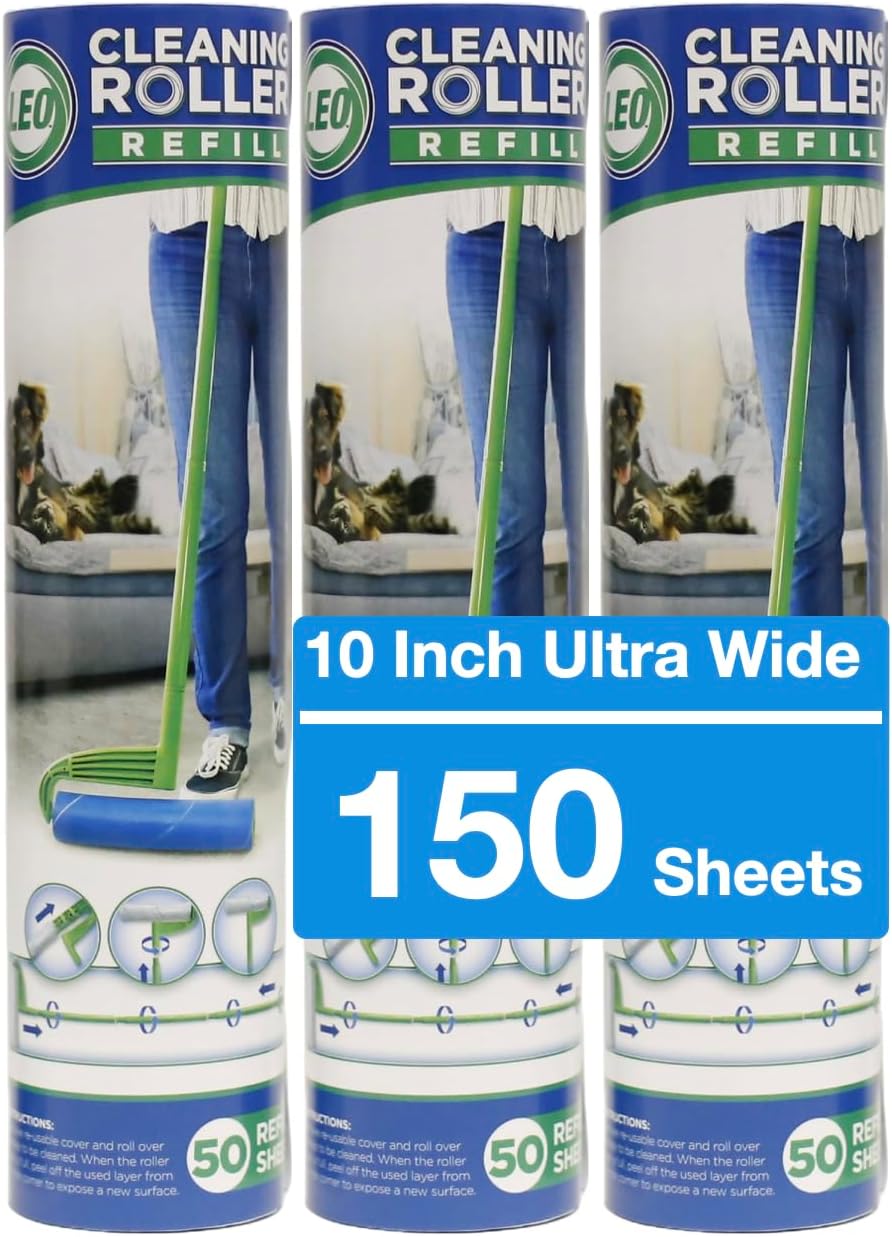 Leo 10-Inch Wide Lint Roller Refills, 3 Rolls with 50 Sheets Each (150 Sheets Total), Extra Sticky Pet Hair Remover for Carpet & Furniture