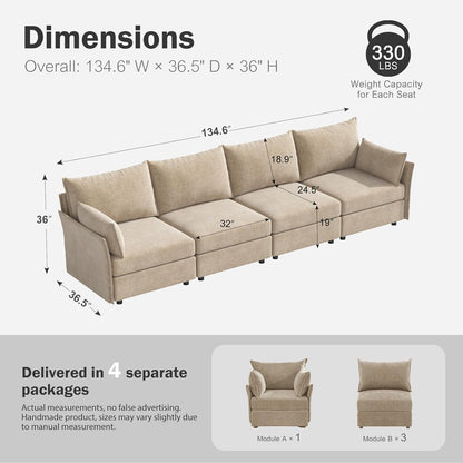 134.6" Modular Sectional Sofa, Oversized 4 Seater Couch with Removable Beige Chenille Fabric Cover, Deep Seat & High Backrest for Living Room, Office & Apartment
