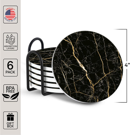 Emerson Coasters for Drinks Absorbent – Natural Stone Drink Saucers Set with Holder, Coasters for Coffee Table, Wooden Tabletop Protection Marble Style – 100% Heavy Duty Set of 6 (Streak)