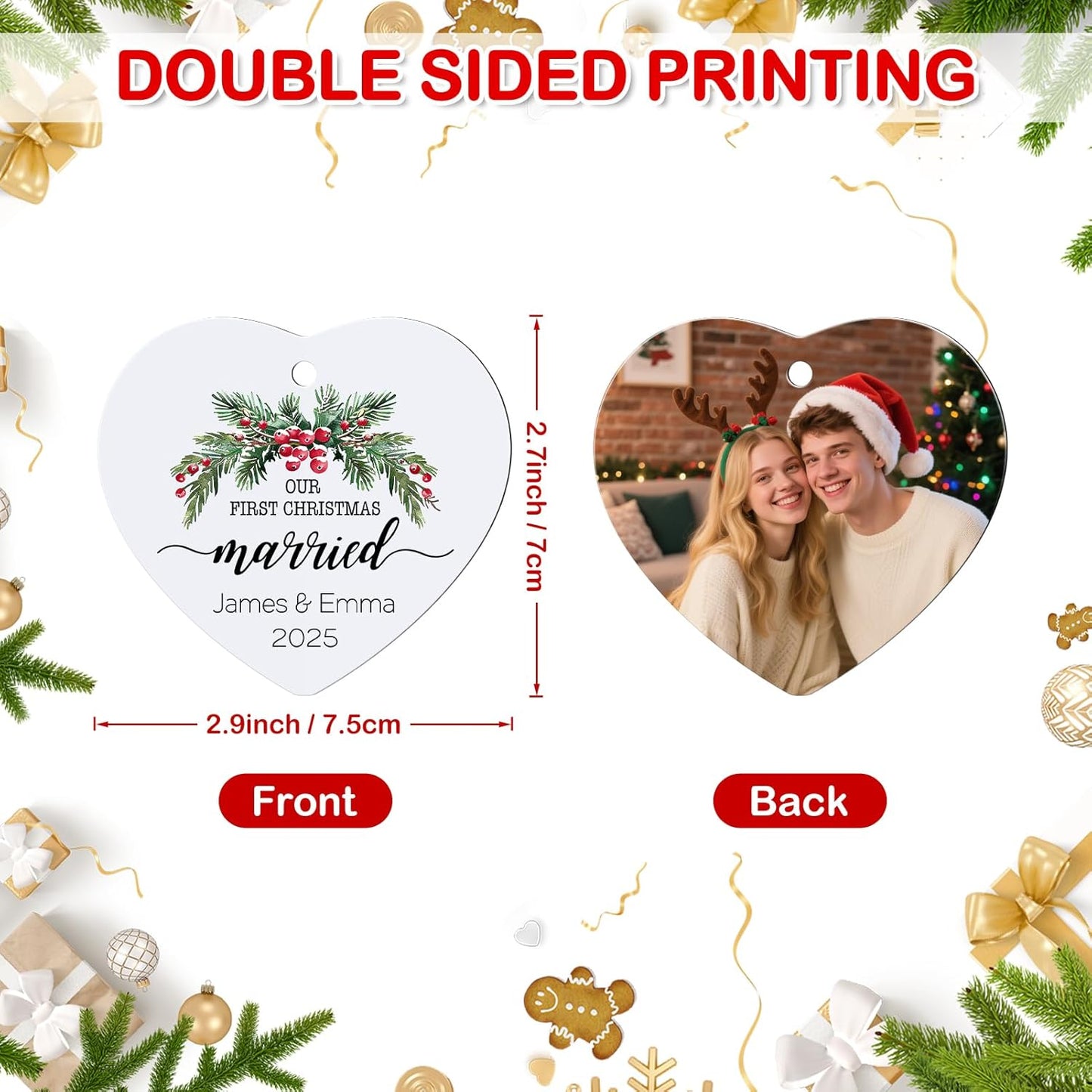 Personalized Photo Christmas Ornaments Double-Sided Metal Custom Picture Christmas Ornament 2024, Customized Xmas Tree Decorations Memorial Gifts for Kids Couples Family Friends Pet