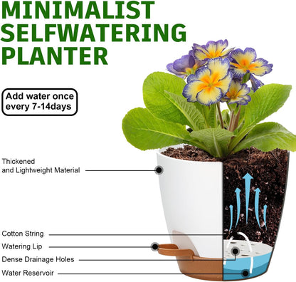 Uneed Indoor Self Watering Planters with Drainage Holes and Saucers, 7/6.5/6/5.5/5 Inch-5 Pots,for Indoor Plants, Herbs, Succulents (White)