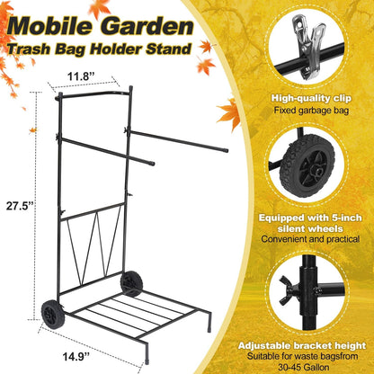 Heavy Duty Portable Trash Bag Holder with Wheel, Adjustable 30-45 Gallon Outdoor Leaf Bag Stand, Durable Trash Bag Rack, for Yard, Lawn Cleanup, Gardening, Camping & Parties
