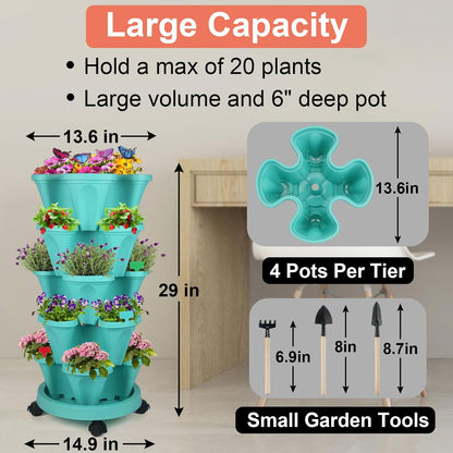 DUNCHATY Stackable Planter, Teal, 6 Tier Garden Tower, Self Watering, Indoor/Outdoor, with Garen Tool Set