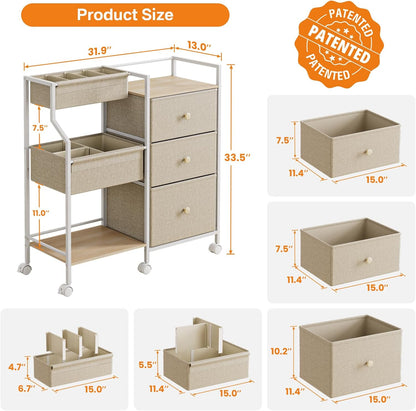 Baby Organizer and Storage - 3 Tier Rolling Cart with Dividers and Drawers, Easy To Assemble, Mobile Utility Cart with Wheels for Nursery, Bedroom, Changing Table & Crib,Off White