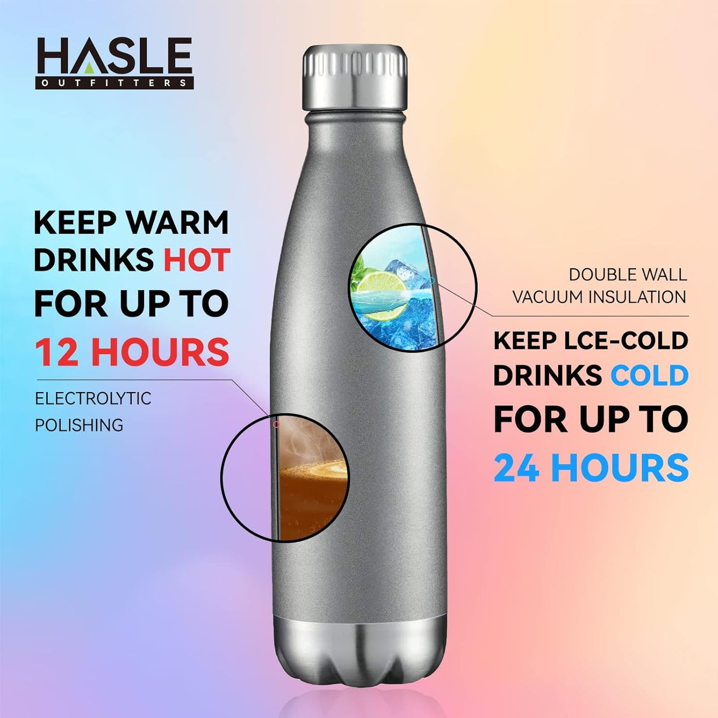 HASLE OUTFITTERS 17oz Stainless Steel Water Bottles Bulk, Vacuum Insulated Water Bottles Double Walled Reusable Metal Sports Water Bottles Keep Drinks Hot and Cold, Gray, 4Packs