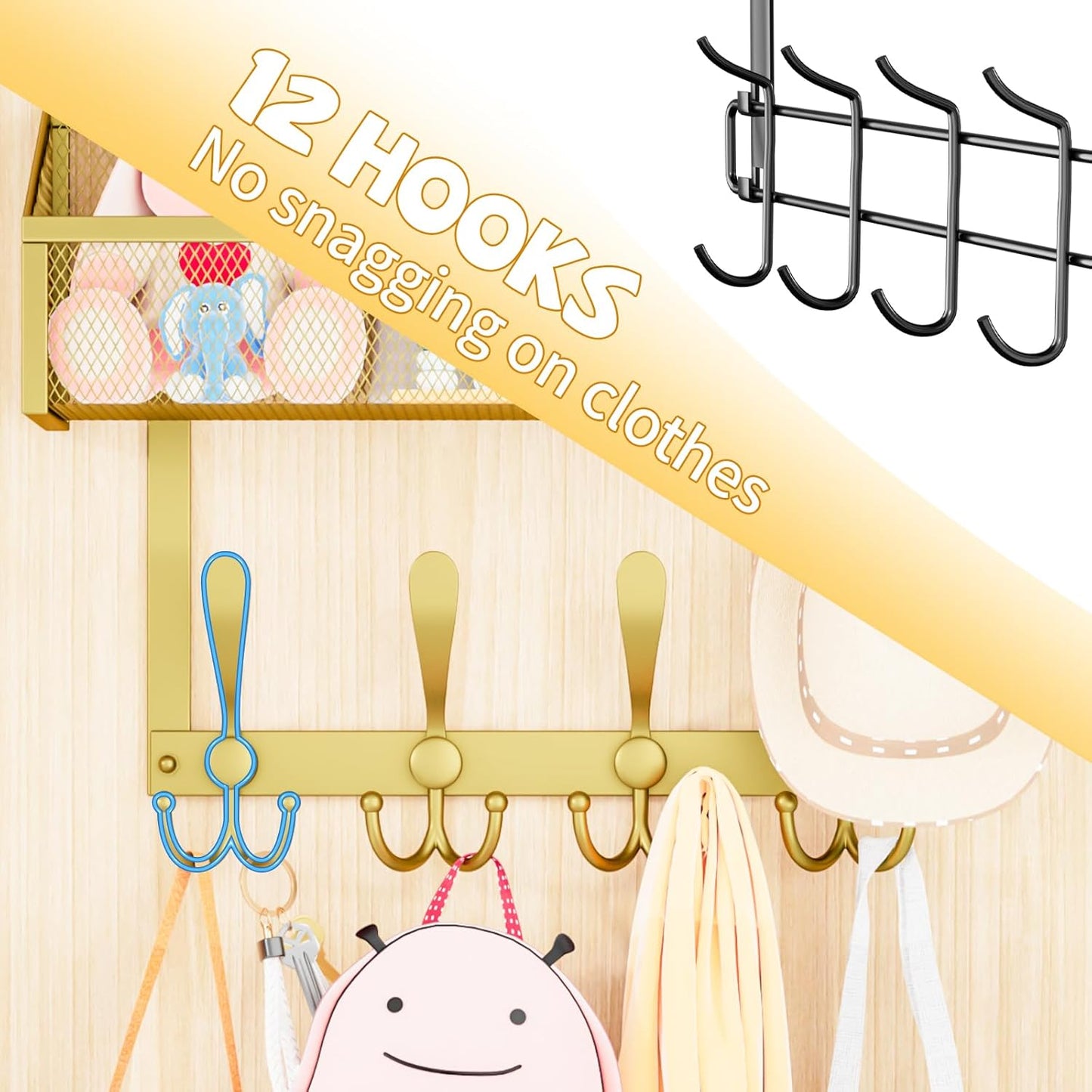 Over The Door Hooks Organizer, Coat Rack Over The Door Storage Hanger Towel Rack, Back of Storage Organizer for Bathroom,Bedroom,Kitchen,Office(Gold 2-Tier)