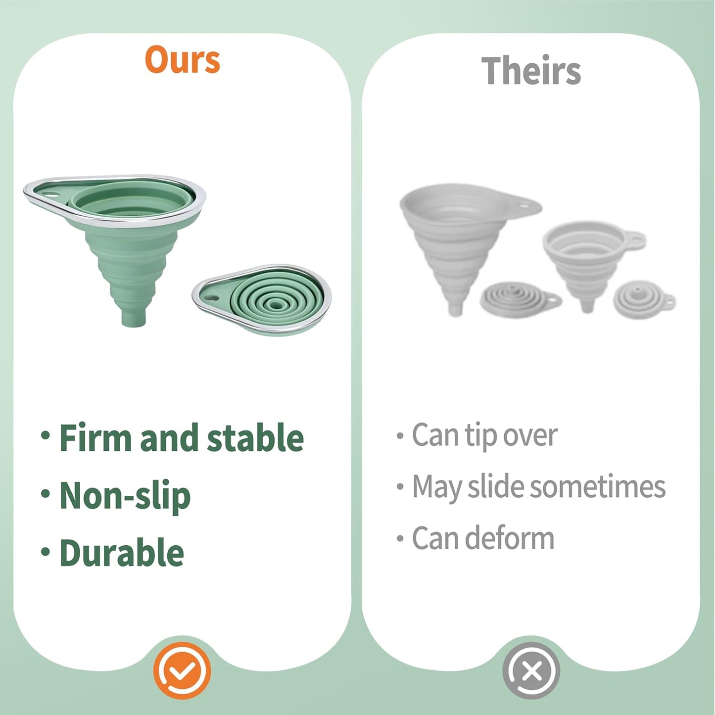 New Upgraded Small Silicone Collapsible Funnel Set with Stainless Steel Rim, 2 Pack Kitchen Gadgets Accessories for Filling Bottles,Dry & Liquid Ingredients