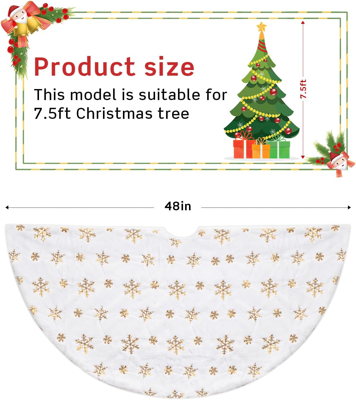COOLWUFAN 48 Inches Christmas Tree Skirt for Xmas Tree Holiday Party Decoration White Plush Gold Sequin Snowflake (Gold)