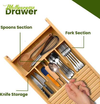 KozyKoala & Co. Bamboo Drawer Organizer with Sliding Lid - 5 Slot Kitchen Drawer Organizer & Utensil Holder - Wood Bamboo Cutlery Tray for Flatware, Gadgets & Multipurpose Storage for Home & Office