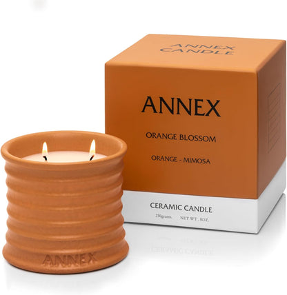 Scented Luxury Candles in Handmade Ceramic Jars, Soy Wax | Orange Blossom – Orange & Mimosa, Large Candle | Non Toxic, 2 Wicks, Reusable Big Orange Jar | Natural Spring Aromatherapy for Women & Men