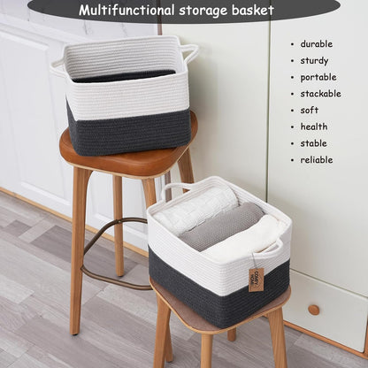 COMFY-HOMI Cotton Rope Woven Basket with Handles for Shelves,Toys,Book, Cloth Storage Baskets Bin for Organizing-13.5"x11"x9.5" Toy Decorative Organizer for Living Room, Bathroom-White/Dark Grey