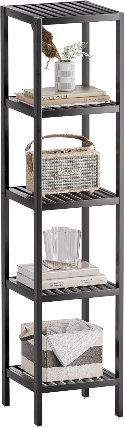 SMIBUY Bathroom Storage Shelf, 5-Tier Bamboo Rack Organizer, Multifunctional Shelving Unit for Living Room Bedroom Kitchen (Black)