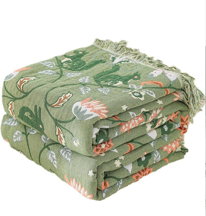 Snycler Boho Throw Blanket for Bed - 100% Cotton Ultra Soft Rustic Quilt Green Blanket - Floral Printed Farmhouse Decor Bed Blankets, 80"×90" All Season Rustic Throw for Sofa Couch Chair