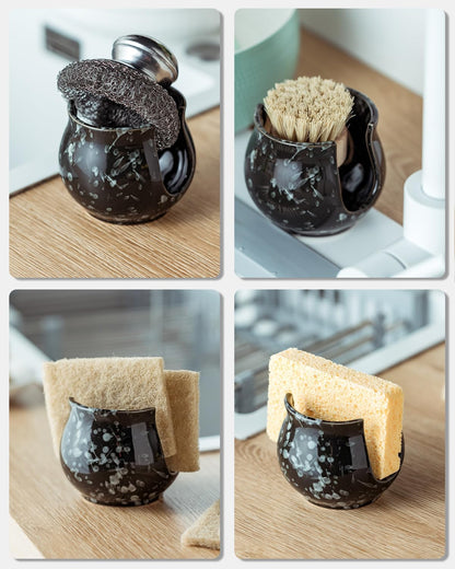 Kitchen Sponge Holder, Ceramic Dish Sponge Holder Kithen Sink Organizer Farmhouse Brush Holder Dish Rack for Bathroom, Kitchen, Sink, Black