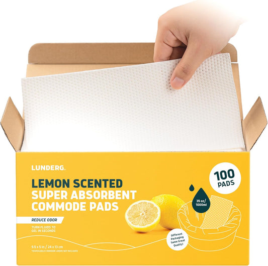 Lunderg Lemon Scented Super Absorbent Commode Pads - Medical Grade Value Pack 100 Count - for Disposable Bedside Commode Liners, Adult Chairs, Portable Buckets & Camping Toilet Bags - Light Scent