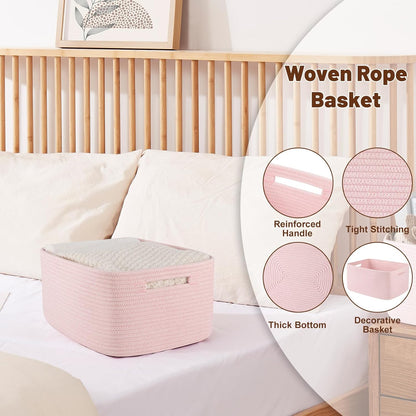 OIAHOMY Storage Basket for Shelves, Closet Cube Storage Bins Baskets for Clothes Blanket Towels, Baby Nursery, Toy Baskets Box, Woven Rope Basket, 15.75*11.81*7.09 IN, 2 Packs Mixed Pink