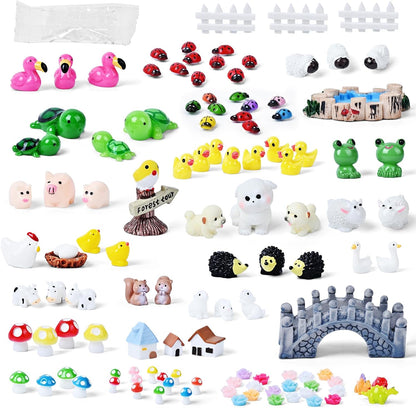 120 Pcs Fairy Garden Accessories, Micro Landscape Ornaments Kit, Mini Resin Animals with Fairy Tiny House for Home Outdoor and Plant House Decor