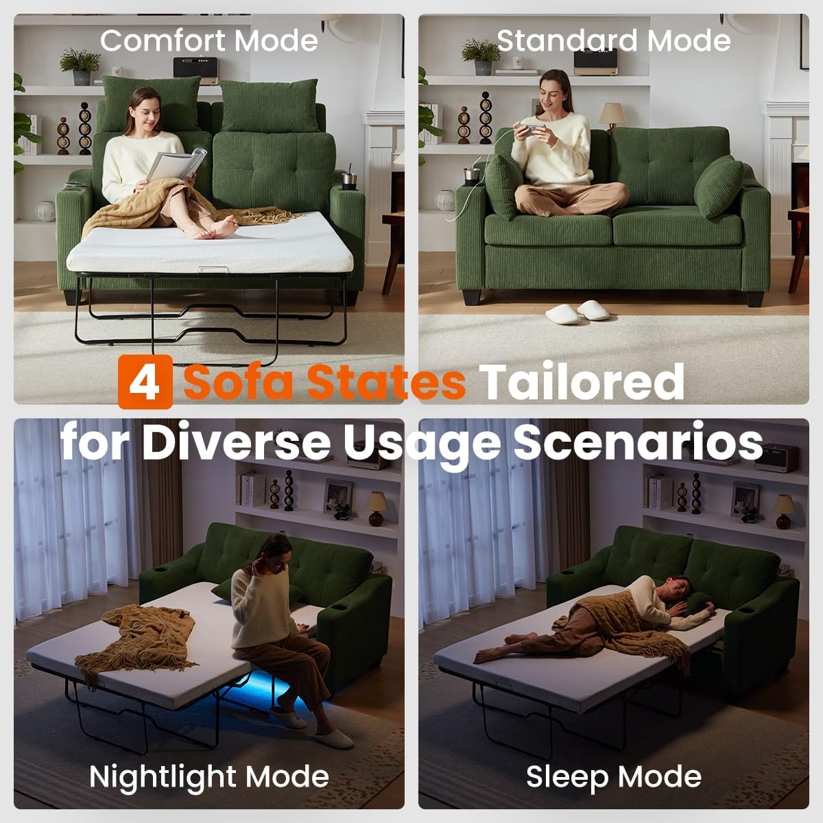 Pull Out Sofa Bed, Full Size Sleeper Sofa, 2-in-1 Convertible Corduroy Couch with USB Charging, Memory Form Couch for Living Room, Apartment and Small Space (Green, Corduroy - Full Size)